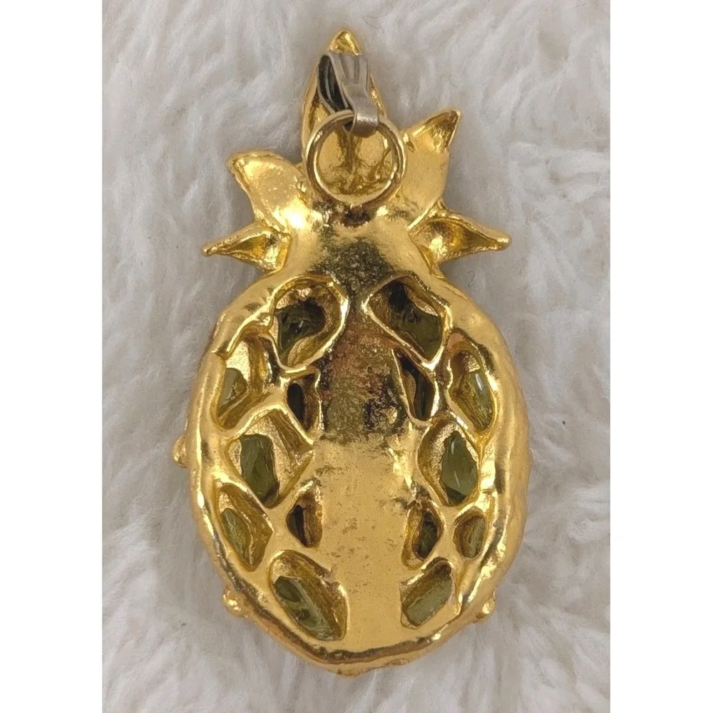 Vintage‎ Gold Tone Pineapple Pendant Green Glass Cabochon & Chip Stones Tropical